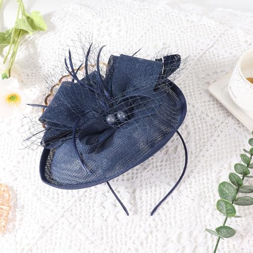 AQOKKA Women Fascinators Hats Flower Mesh Feathers Headband Clip - color: 1 Pc Feather Fascinators : Navy Blue