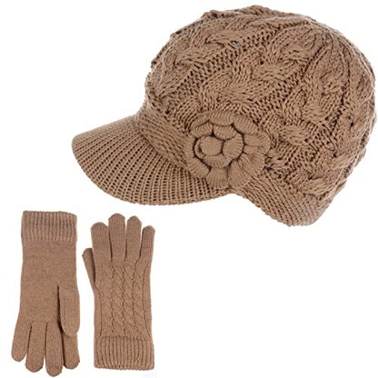 Womens Winter Elegant Cable Flower Knitted Newsboy Cabbie Cap Beret Beanie Hat with Visor, Warm Plush Fleece Lined - color: Camel Cable Flower-hat Gloves Set
