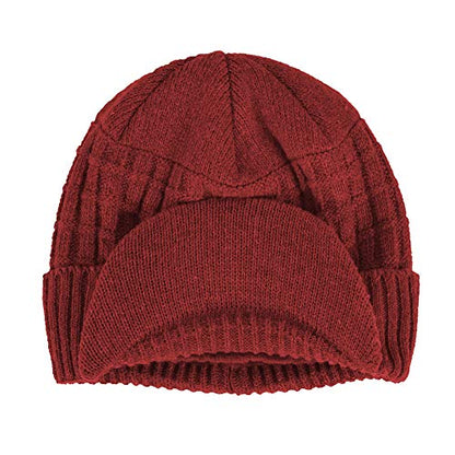 Women's Soft Knitting Visor Beanie Winter Hat with Brim Fleece Lining Baseball Cap - color: Red