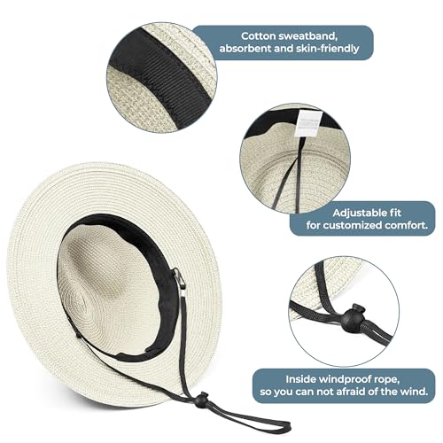 Sun Hat Straw Fedora Hats for Men Women Beach Hat Panama Hat Men Wide Brim Summer Hats UPF80+ - color: Cream, size: X-Large