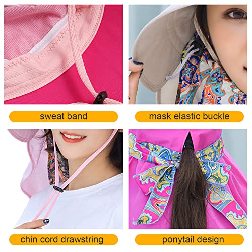 Women Wide Brim Face Mask Sun Hat Detachable Neck Face Flap Ponytail UV Protection Visor Hat Garden Fishing Hiking - color: M9099-hot-pink