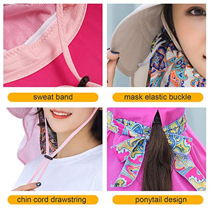 Women Wide Brim Face Mask Sun Hat Detachable Neck Face Flap Ponytail UV Protection Visor Hat Garden Fishing Hiking - color: M9099-hot-pink