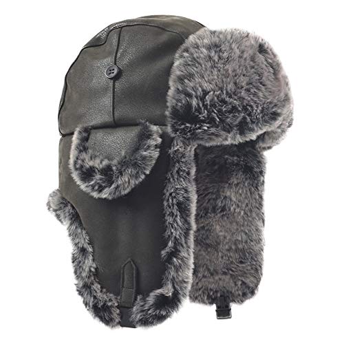Janey&Rubbins Russian Hat Fur Soviet Ushanka Cossack Winter Cap Earflap Snow Ski Headwear - color: Black/Leather, size: Large
