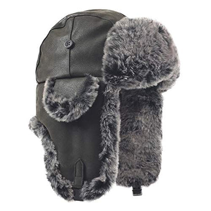 Janey&Rubbins Russian Hat Fur Soviet Ushanka Cossack Winter Cap Earflap Snow Ski Headwear - color: Black/Leather, size: Large