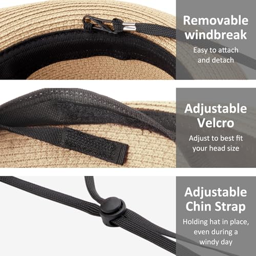 AQOKKA Summer Straw Fedora Hat for Women Men Travel Panama Hat with Wide Brim Roll Up Sun Hat for Beach Outdoor UPF 50+ - color: Beige & Beige