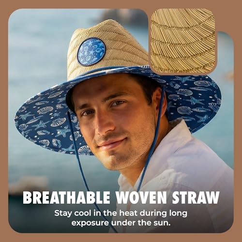 grinderPUNCH Straw Sun Hat for Men Women Wide Brim Beach Fishing UPF 50 - color: Blue Nautical