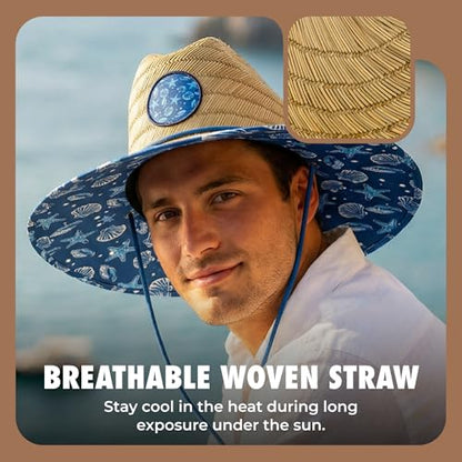 grinderPUNCH Straw Sun Hat for Men Women Wide Brim Beach Fishing UPF 50 - color: Blue Nautical