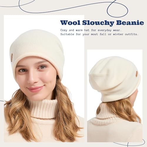 ACUSHLA 100% Merino Wool Slouchy Beanie for Women Men Winter Hat Skull Cap - color: Creamy White