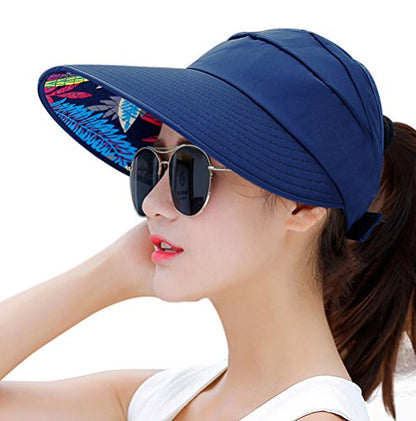 Sun Hats for Women Wide Brim UV Protection Sun Hat Summer Beach Packable Visor - color: Navy
