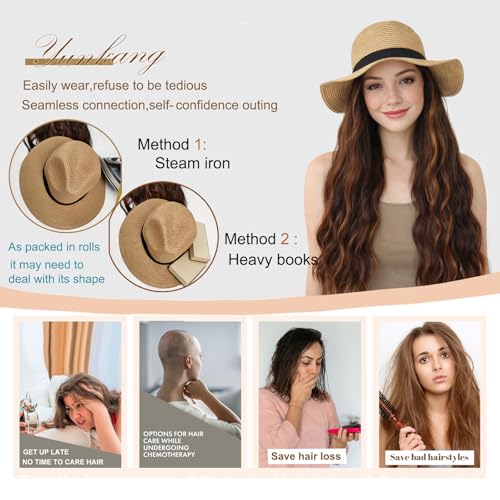 Hat Wig Panama Hat with Mix Brown Long Wave Hair Attached for Women Khaki Color Wide Brim Straw Beach Sun Hat Wig - color: K-Mbrown