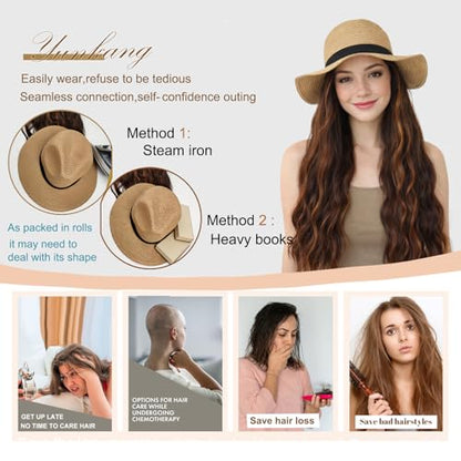 Hat Wig Panama Hat with Mix Brown Long Wave Hair Attached for Women Khaki Color Wide Brim Straw Beach Sun Hat Wig - color: K-Mbrown