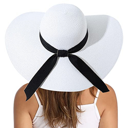 Lanzom Womens Wide Brim Straw Hat Big Floppy Foldable Roll up Cap Beach Sun Hat UPF 50+ - color: Bowknot-white