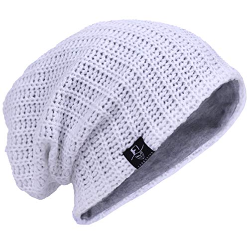 VECRY Mens Slouchy Beanie Knit Skull Cap Long Baggy Hip-hop Winter Summer Hat B305 - color: Ribbed-white, size: Large