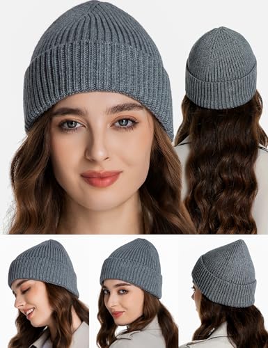 vidsel 50% Wool Thick Beanie Hat Men Women, Seamless Cuffed Knit Cap, Gray
