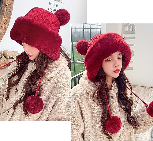 Winter Pompom Beanie Hats Women Knit Womens Beanie Faux Fur Crochet Skull Cap Warm Bucket Outdoor Ear Cover - color: Red