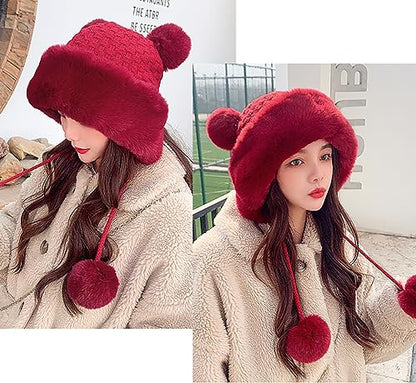 Winter Pompom Beanie Hats Women Knit Womens Beanie Faux Fur Crochet Skull Cap Warm Bucket Outdoor Ear Cover - color: Red