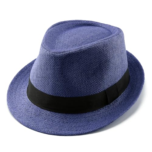 Straw Fedora Hats for Men Women, 1920s Short Brim Trilby Panama Hat Summer Beach Sun Cap - color: Navy Blue