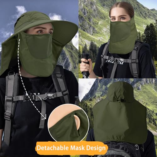 Sun Hats for Men Women Detachable Face Cover Wide Brim Fishing Hats with Neck Flap UPF 50+ Outdoor Safari Hats - color: Army Green