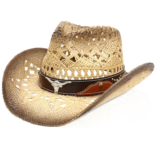 WQWOVRVO Cowboy Hat,Cowgirl Hat,Cowboy Hats for Women/Mens/Straw Wide with Shapeable Brim Western Cowboy Hat for Womens - color: Beige & Coffee