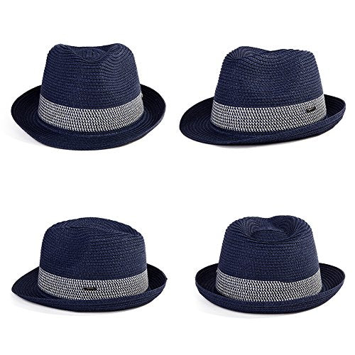Fancet Packable Straw Fedora Panama Sun Summer Beach Hat Cuban Trilby Men Women 56-67cm - color: Navy, size: Medium