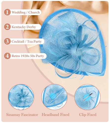 Z&X Sinamay Fascinator Hat Floral Feather Pillbox Derby Hats for Women Wedding Tea Party with Headband Clip - color: 016 Blue