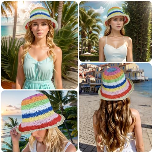 Floppy Big Beach Straw Hats for Women Foldable Summer Wide Brim Packable Sun Hat Womens Travel Straw Fedora Hat - color: Rainbow-1