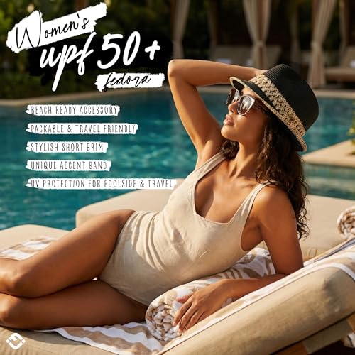 Funky Junque Short Brim Fedora Packable Sun Hat for Women - color: Black/Natural
