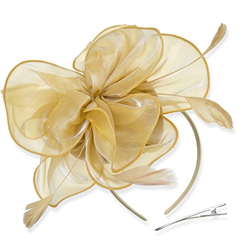 AQOKKA Women Fascinators Hats Flower Fascinators with Headband and Clip Tea Party Headwear for Women and Girls - color: 8.2" Diameter / Gold a