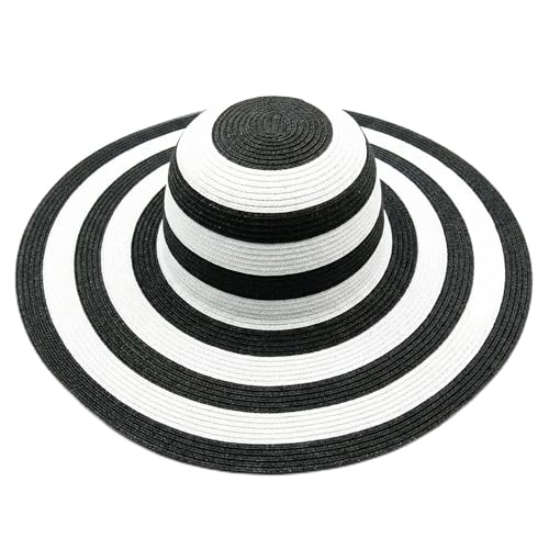 Women's Beachwear Sun Hat Black and White Striped Straw Hat Floppy Beach Hat Foldable Wide Brim Cap