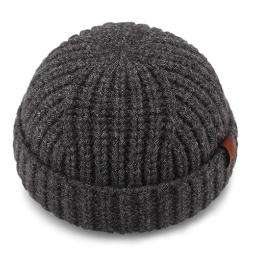 Chunky Wool Fisherman Short Beanie Hats Skull Cap for Men, Mens Thick Skater Streetwear Fishermans Beanie Daily Hat - color: Dark Grey