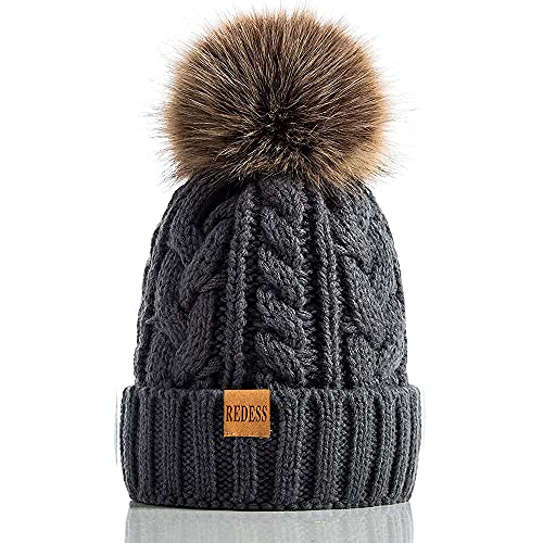 REDESS Women Winter Pompom Beanie Hat with Warm Fleece Lined Thick Slouchy Snow Knit Hat Skull Ski Cap - color: Dark Gray