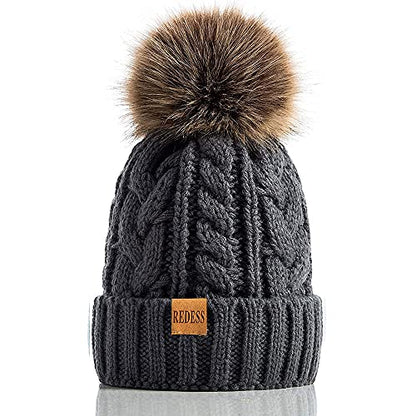 REDESS Women Winter Pompom Beanie Hat with Warm Fleece Lined Thick Slouchy Snow Knit Hat Skull Ski Cap - color: Dark Gray
