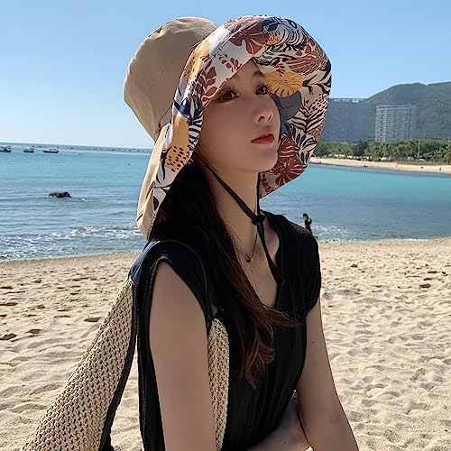HUAMULAN Women Summer Vacation Wide Brim Sun Hat Reversible Fishing Hats - color: Khaki