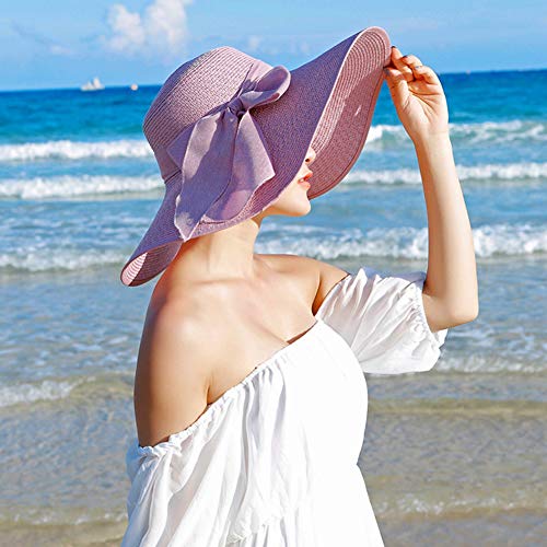 FSIGOM Women's Folable Floppy Hat,Wide Brim Sun Protection Straw Hat, Summer UV Protection Beach Cap - color: C1-f-violet, size: Medium