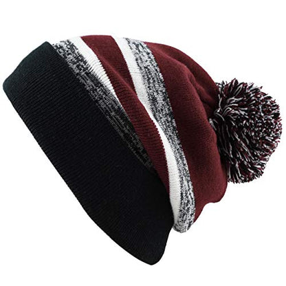 Winter Knit Beanie Hat with Pom Pom – Warm Cuffed Slouch Ski Cap for Men & Women - color: 1.black and Burgundy With Pom
