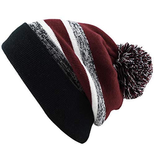 Winter Knit Beanie Hat with Pom Pom – Warm Cuffed Slouch Ski Cap for Men & Women - color: 1.black and Burgundy With Pom