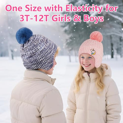 FENELY Girls Boys Winter Hat 3-12, Children's Warm Knitted Earflaps Beanie with Pom Pom Thicken Fleece Lining Cap for Kids - color: Blue-dinosaur