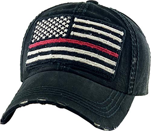 KBETHOS Flag USA America Military Thin Blue Line Thin Red Line Vintage Distressed Baseball Cap Dad Hat Unisex Adjustable… - color: Black Red Embroidered Flag