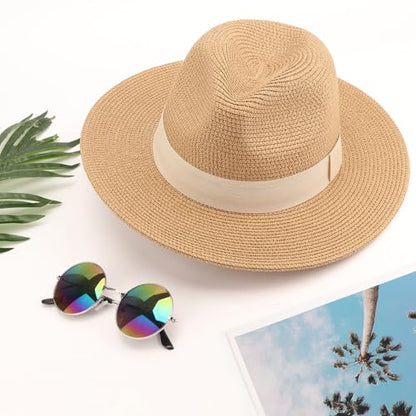 DRESHOW Women Straw Panama Hat Travel Fedora Beach Sun Hat Summer Wide Brim Straw Roll up Hats UPF 50+ - color: Fedora a Khaki (Beige Hatband)