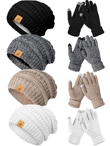 JaGely 8 Pieces Women Winter Hats and Gloves Set Women Warm Touchscreen Knitted Lined Gloves Winter Beanies - color: Mixed Black White, Mixed Khaki, Black, White