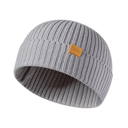 100% Merino Wool Fisherman Beanie Hat, Unisex Warm Winter Hats, Soft Breathable Knitted Short Cuffed Cap - color: Light Grey