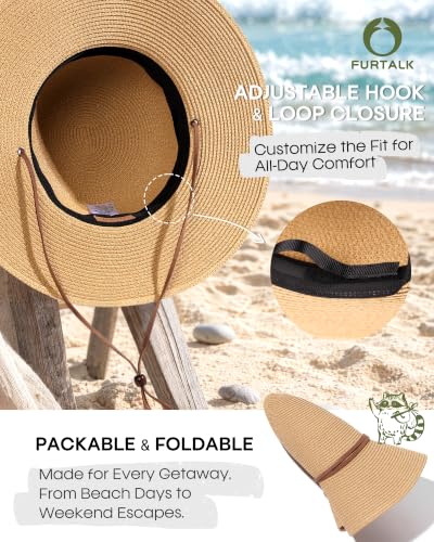 FURTALK Womens Wide Brim Sun Hat with Wind Lanyard UPF Summer Straw Sun Hats for Women - color: Khaki, size: Medium-Large