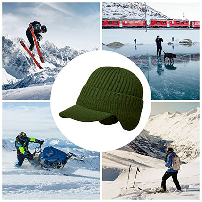 Men's Winter Hat with Brim, Warm Earflaps Hat for Men, Thick Fleece Lined Knit Winter Beanie Outdoor - color: Army Green