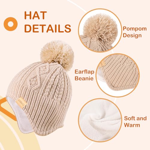 Kids Winter Beanie Hat and Scarf Set with Pom Pom for Girls, Children's Thick Ski Cap with Earflap Fleece Lined Hat 3-9 Years - color: Purple
