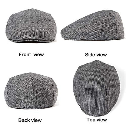 Herringbone Flat Ivy Newsboy Cap for Men 1920s Wool Blend Tweed Cabbie Hat - color: 003 Grey, size: Small-Medium