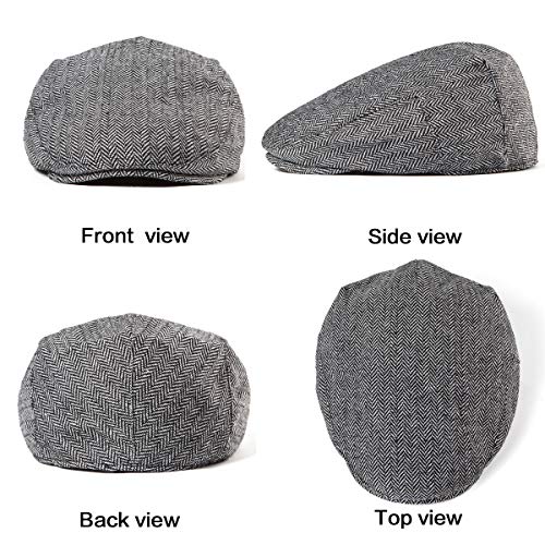 Herringbone Flat Ivy Newsboy Cap for Men 1920s Wool Blend Tweed Cabbie Hat - color: 003 Grey, size: Large-X-Large