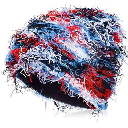 Chuarry Distressed Knitted Beanie Fuzzy Winter Hat - color: Assorted Blue White Red