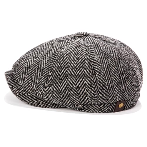 Men's Wool Newsboy Cap 8-Panel Tweed Taxi Hat Herringbone Gatsby Flat Hats - color: Dark Gray