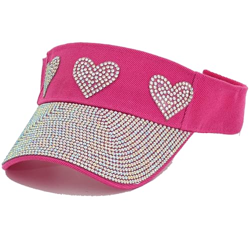 Bling Visor Shiny Rhinestones Sport Sun Adjustable Summer Cap Visor Caps for Women Men - color: Heart-rose Red