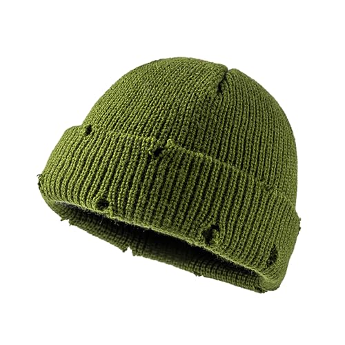 Unisex Warm Knit Skull Cap Hip-hop Slouchy Ripped Knitted Hat - color: Green